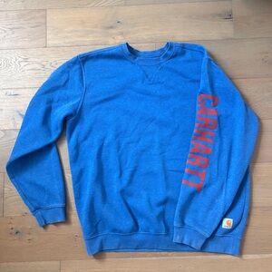 Carhartt Blue Crewneck Sweater with Orange Sleeve Detail